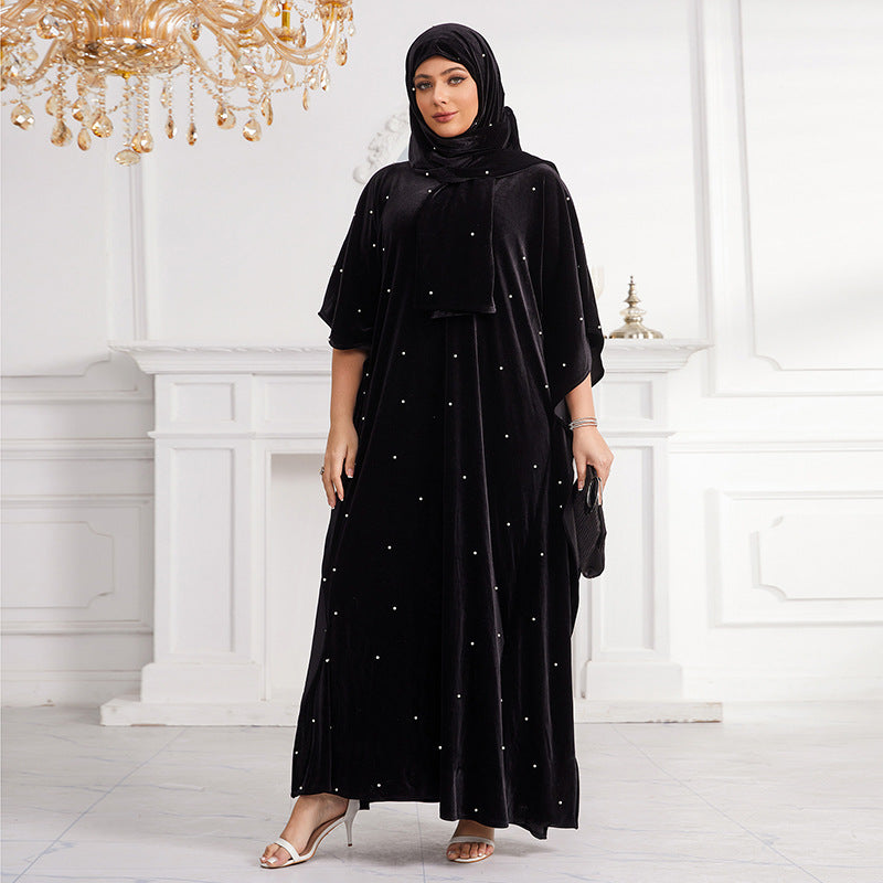 Middle East African Flannel Beaded Pearl Loose Robe With Headscarf