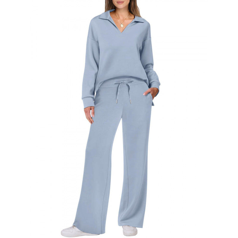 Women's Tracksuit Sports Suit V-neck Long-sleeved Pullover Top And Drawstring Straight-leg Trousers Casual Solid Trousers Set