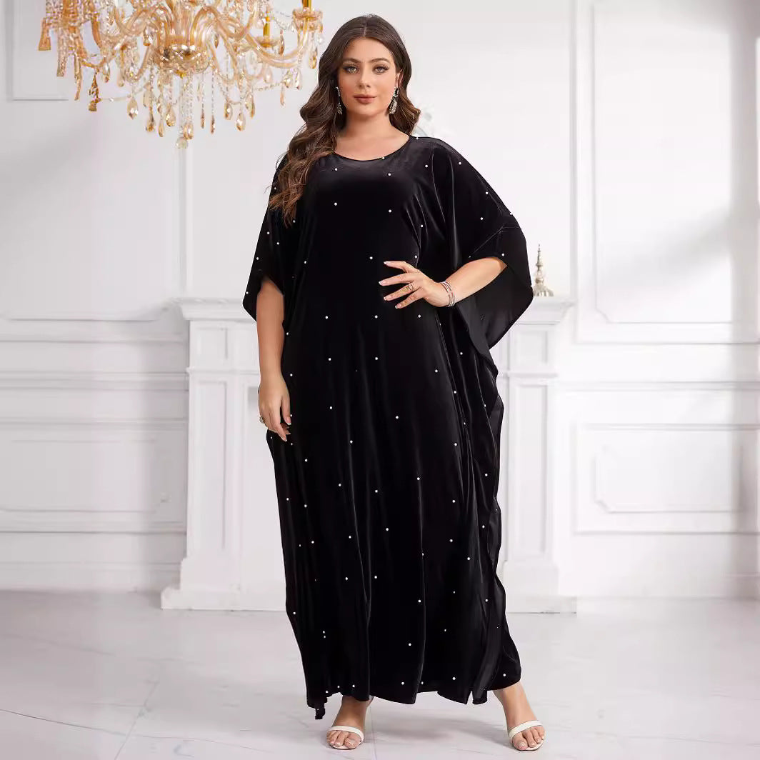 Middle East African Flannel Beaded Pearl Loose Robe With Headscarf