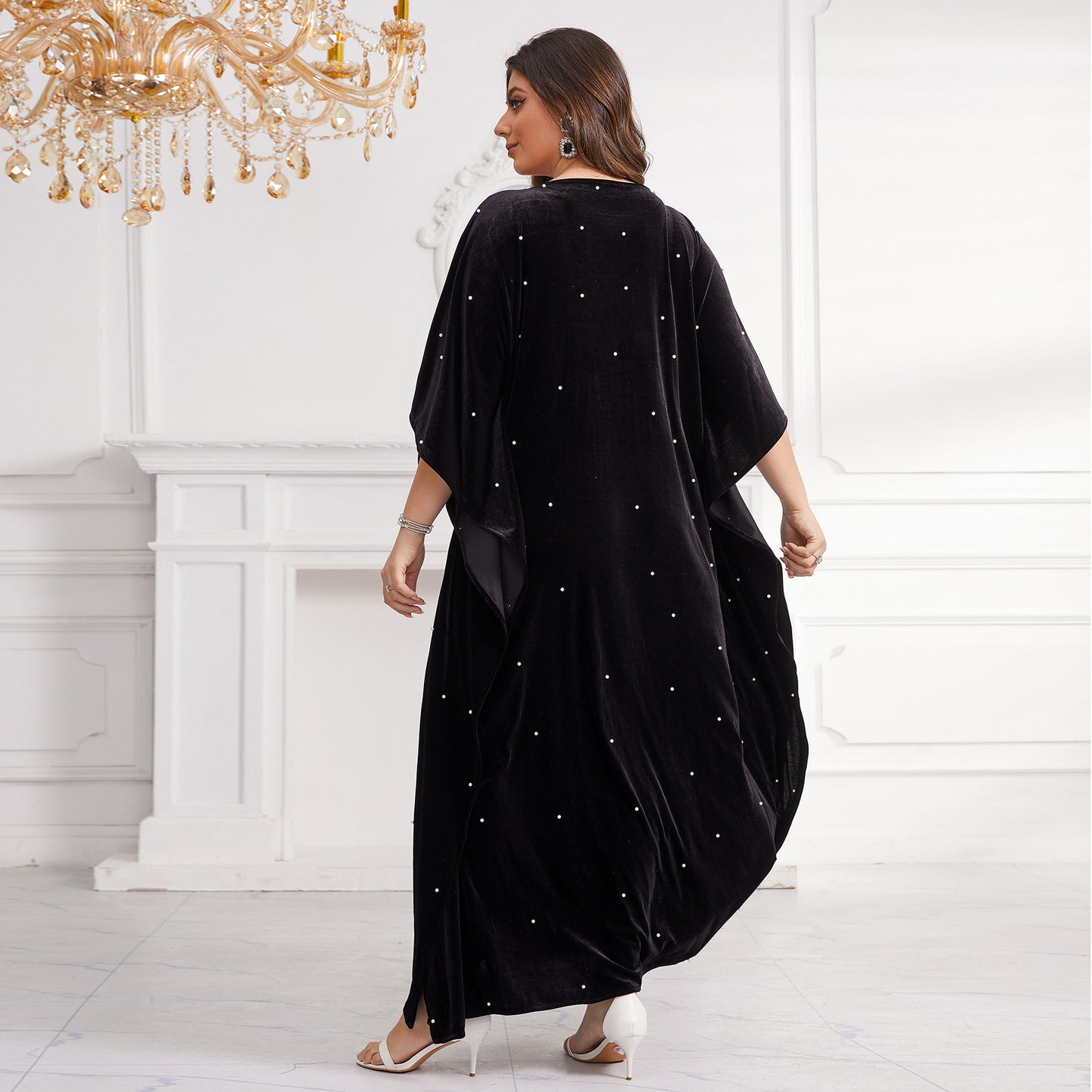 Middle East African Flannel Beaded Pearl Loose Robe With Headscarf