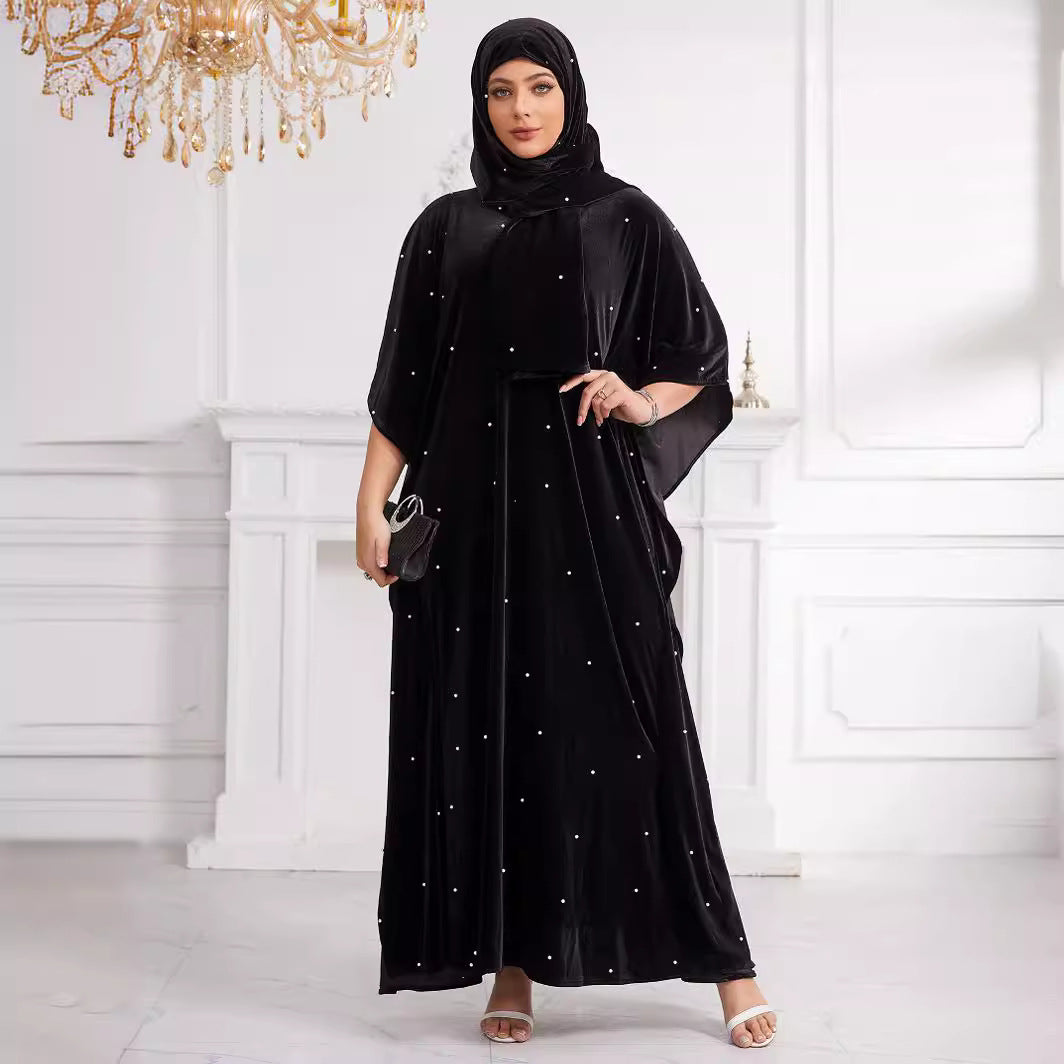 Middle East African Flannel Beaded Pearl Loose Robe With Headscarf